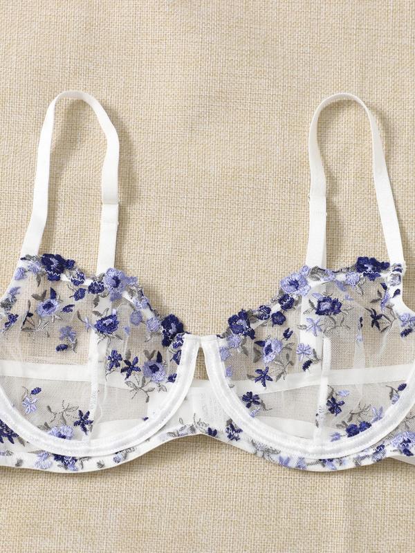 Women's Ditsy Floral Embroidered Contrast Lace Sheer Tulle Bra & Thong Set, Adjustable Strap Push Up Lingerie Set, Lingerie Set for Women, Women Sexy Lingeries & Costumes