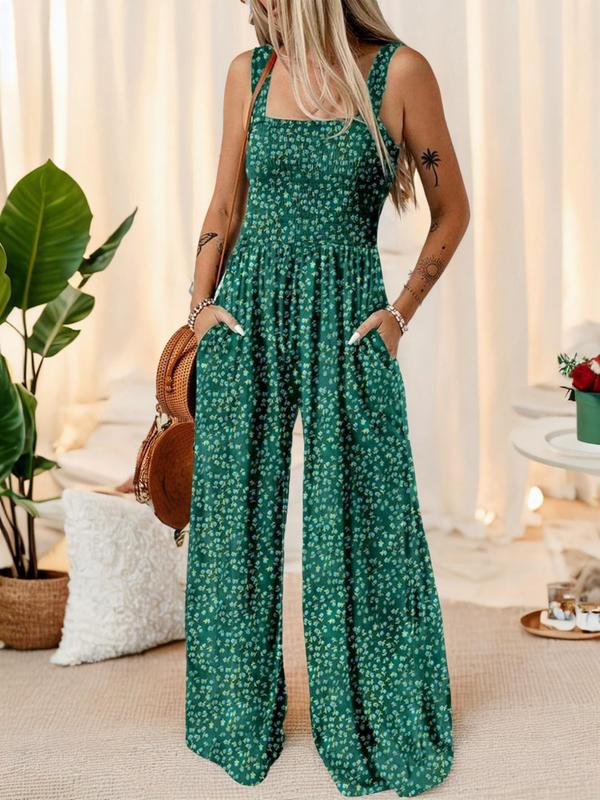 Women's Ditsy Floral Print Ruched Shirred Pocket Wide Leg Vintage Cami Jumpsuit, Back To School Summer Clothes, Bohemian Comfort Square Neck Jumpsuit for Daily Wear, Summer Outfits 2024, Strappy Womenswear, Ladies Fitted Clothes for Summer