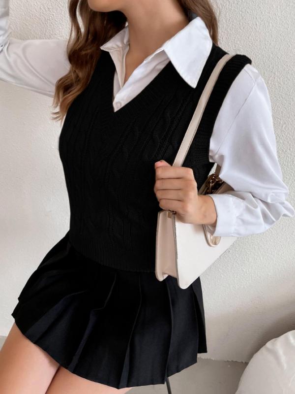 Women's Solid V Neck Cable Knit Sweater Vest, Elegant Fashion Casual Sleeveless Jumper Vest for Daily Outdoor Wear, Women Knitwear for Spring Fall