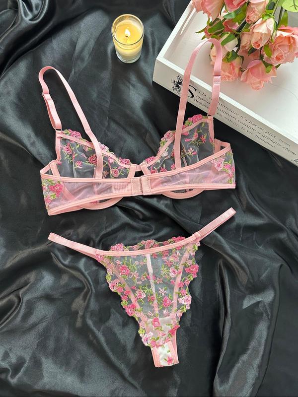 Women's Embroidered Sheer Sexy Lingerie Set, Romantic Adjustable Strap Bra & Thong, Summer Wear 2024, Women Sexy Lingerie, Underwear Sets, Bridal Underwear