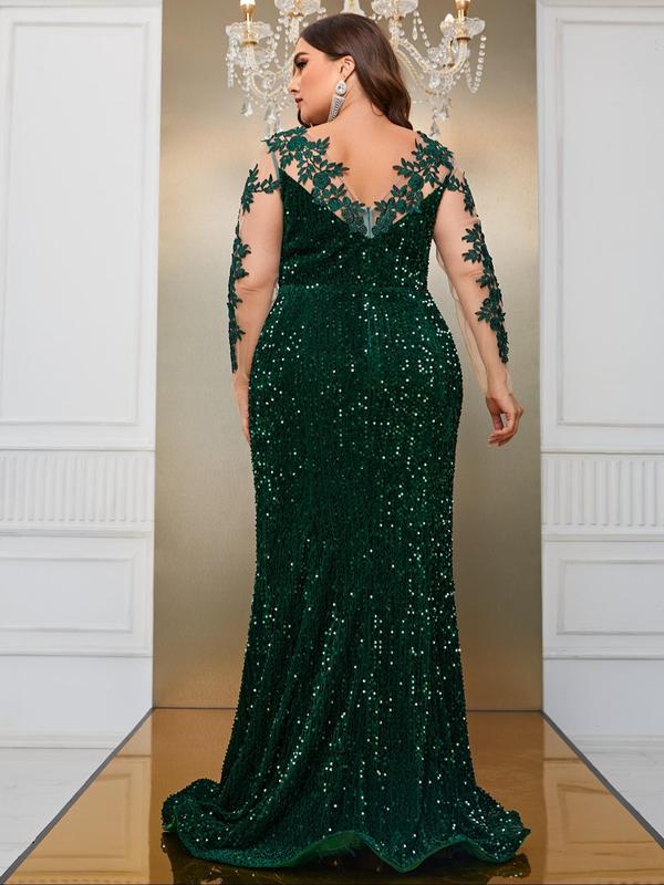 Plus Size Glitter Sequins Embroidery Sheer Contrast Mesh Sleeve Mermaid Evening Dress, Plus Elegant Long Sleeve V Neck Maxi Party Gown, Women's Plus Clothes for Spring & Fall