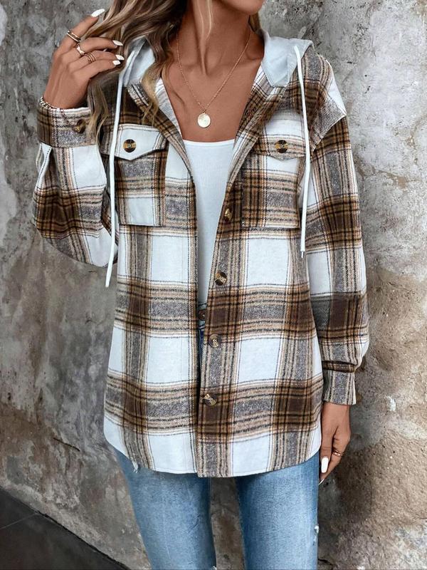 Women's Plaid Print Button Front Drawstring Hooded Shirt, Casual Long Sleeve Pocket Hooded Top for Fall & Winter, Women's Clothes for Daily Wear