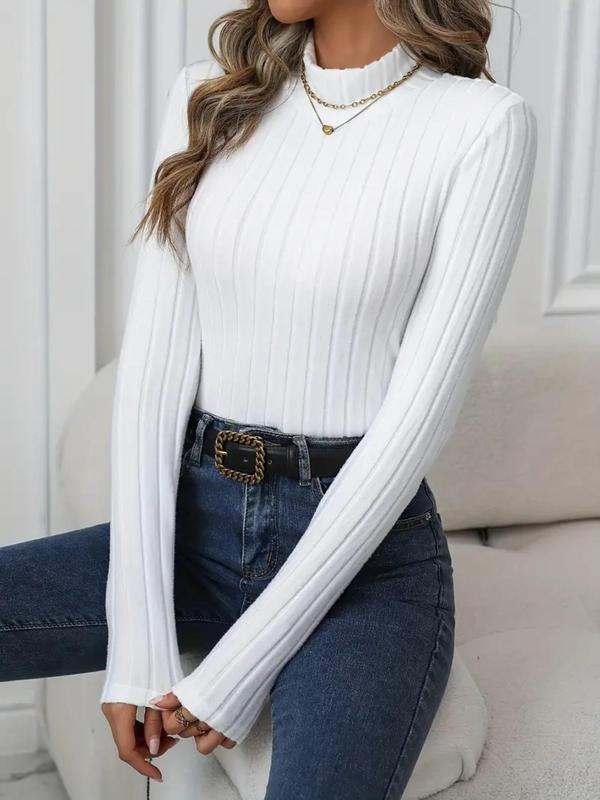 Women's Plain Mock Neck Ribbed Tee, Casual Slim-fitting Long Sleeve T-shirt for Fall & Winter, Women's Clothing for Daily Wear