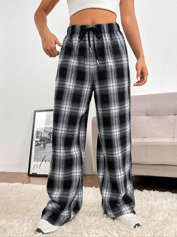 Women's Plaid Print Drawstring Waist Wide Leg Pants, Casual Comfy Elastic Waist Trousers for Daily Wear, Ladies Bottoms for All Seasons