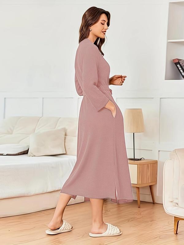 Women's Textured Waffle Knit Belted Split Hem Lounge Robe, Casual Long Sleeve Lounge Robe, Ladies Loungewear for Spring & Fall