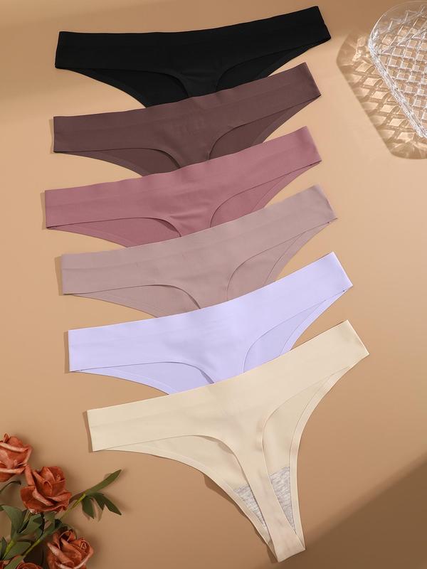 Women's Solid Color Seamless Drop Waist Thongs, Korean Wear, 6pcs Casual Comfy Breathable Panty, Ladies Underwear for All Seasons, Korean Streetwear