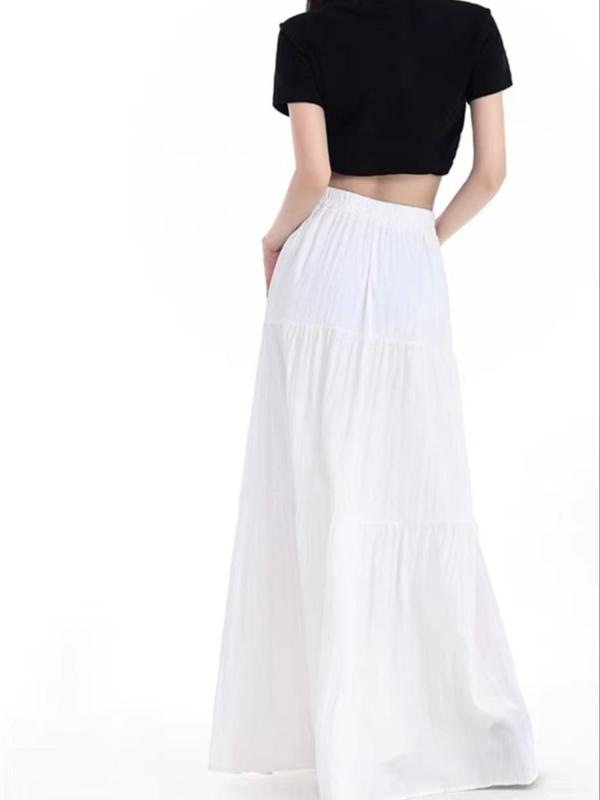 Women's Solid Ruffle Hem High Waist Skirt, Casual Elastic Waist A Line Long Skirt, Ladies Bottoms for All Seasons