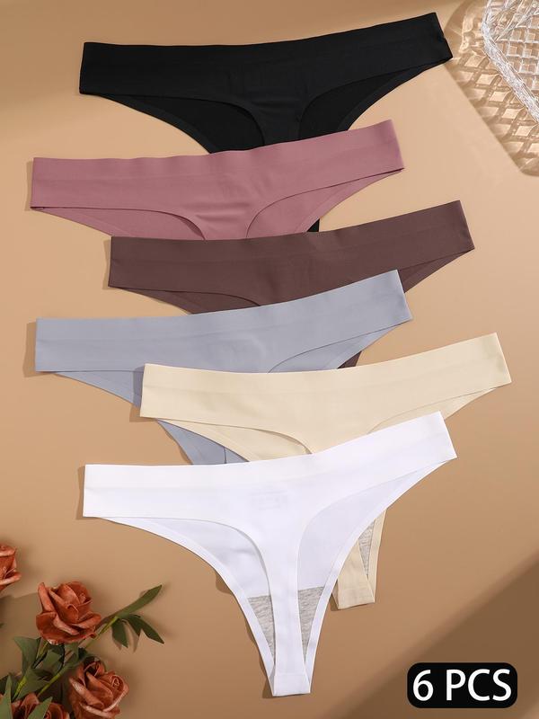 Women's Solid Color Seamless Drop Waist Thongs, Korean Wear, 6pcs Casual Comfy Breathable Panty, Ladies Underwear for All Seasons, Korean Streetwear