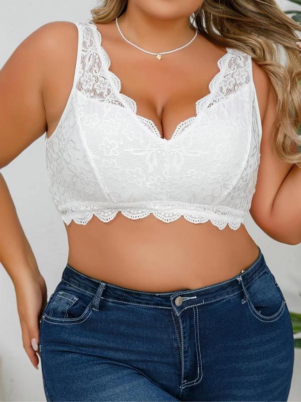  Floral Lace Scallop Trim Bralette, Casual Comfortable Breathable V Neck Wireless Bra for Daily Wear, Women's Lingerie for All Seasons