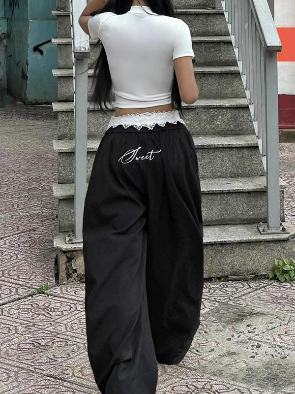 Women's Colorblock Bow Front Contrast Lace Cargo Pants, Casual Pocket Trousers for Fall & Winter, Women's Bottoms for Daily Wear