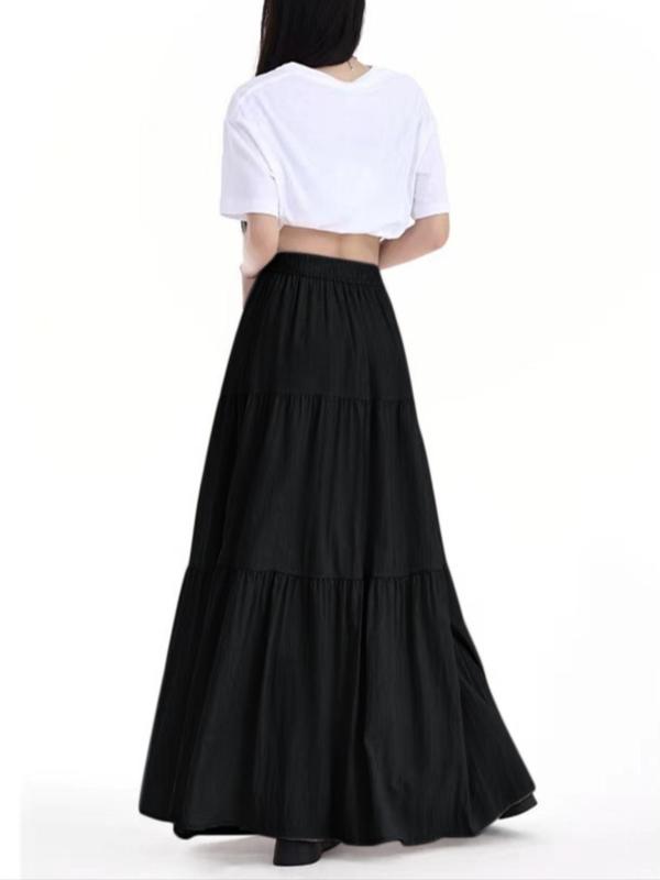 Women's Solid Ruffle Hem High Waist Skirt, Casual Elastic Waist A Line Long Skirt, Ladies Bottoms for All Seasons