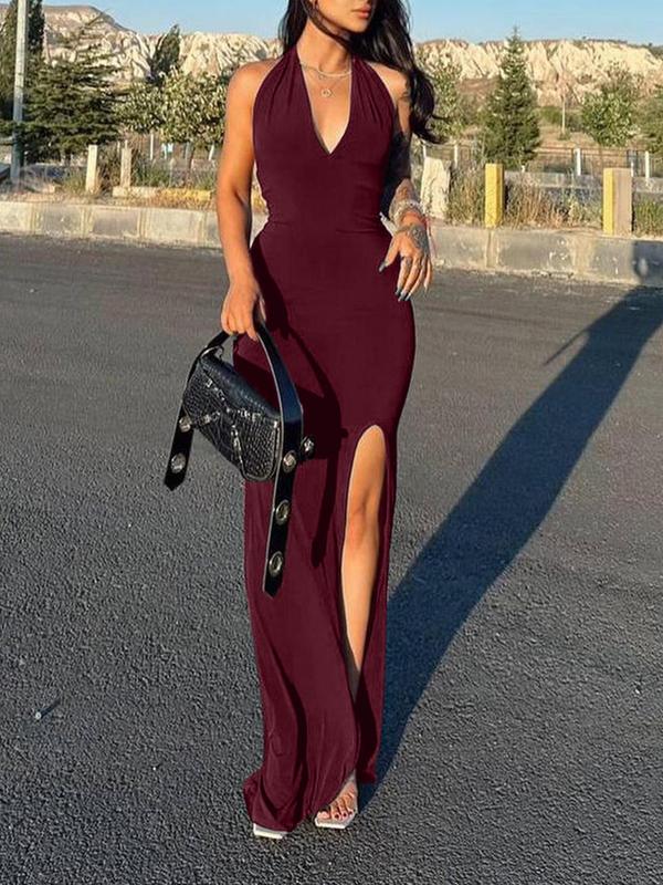 Women's Solid Backless Split Thigh Tie Back Mermaid Dress, Elegant Halter Neck Maxi Dress for Evening Party, Ladies Summer Clothes