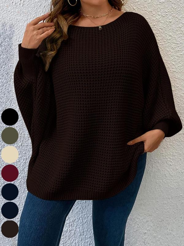  Solid Batwing Sleeve Boat Neck Sweater, Fall Outfits, Casual Long Sleeve Jumper for Fall, Women's Plus Clothing for Daily Wear, Back To School Outfit