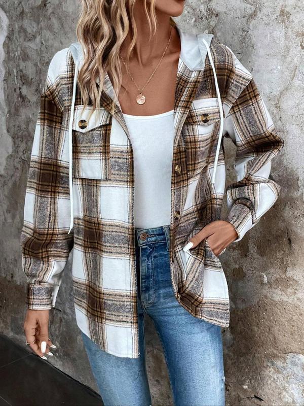 Women's Plaid Print Button Front Drawstring Hooded Shirt, Casual Long Sleeve Pocket Hooded Top for Fall & Winter, Women's Clothes for Daily Wear