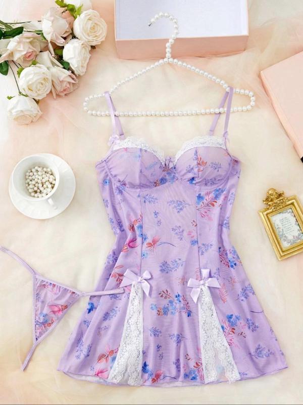 Women's Floral Print Contrast Lace Cami Nightdress & Thong Sexy Lingerie Set, Bow Decor Spaghetti Strap Nightgown & Panty, Ladies Sleepwear for All Seasons