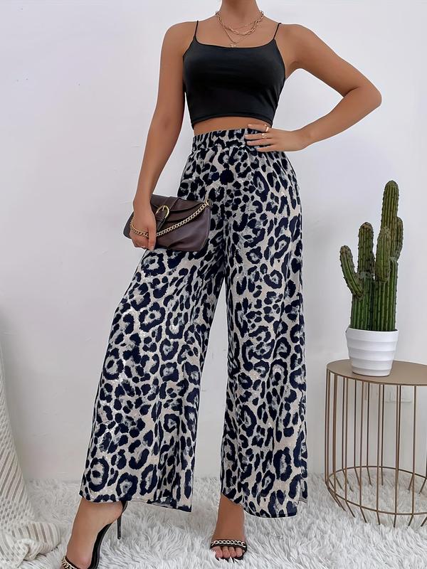 Women's Leopard Print Elastic Waist Wide Leg Pants, Casual High Waist Trousers, Ladies Bottoms for Daily Wear