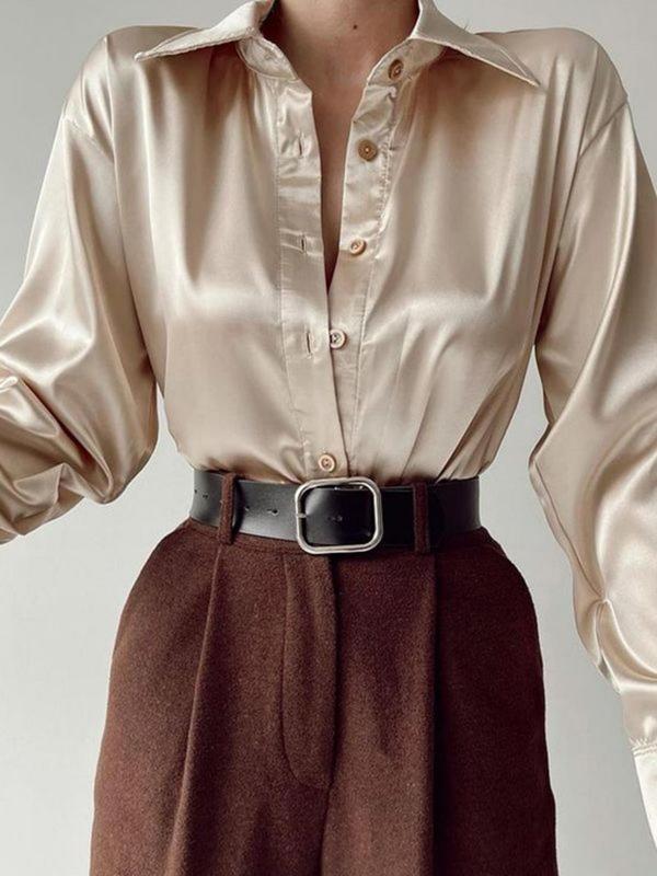 Women's Solid Button Front Curved Hem Shirt, Elegant Drop Shoulder Long Sleeve Collared Top for Fall, Women's Clothing for Daily Wear