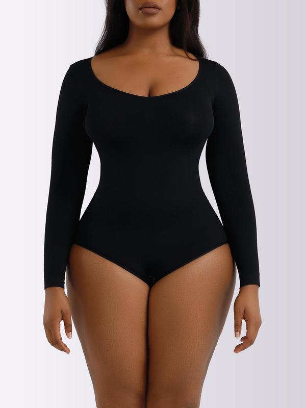 Women's Minimalist Solid Scoop Neck Bodysuit, Casual Long Sleeve Seamless Bodysuit for Daily Wear, Women's Shapewear for Spring & Fall