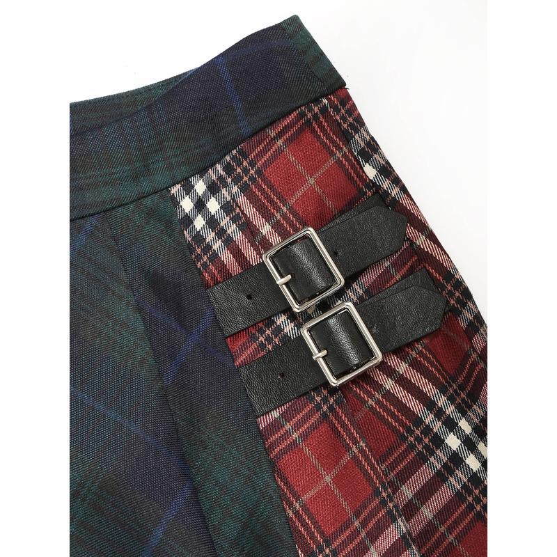 Cider [size 2-26] Mid Waist Patched Check Buckle Maxi Skirt