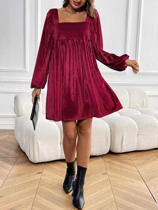 Women's Textured Backless Velvet Smock Dress, Elegant Bishop Sleeve Tie Back Square Neck Short Dress for Party Holiday Wedding Guest, Ladies Spring & Fall Clothes