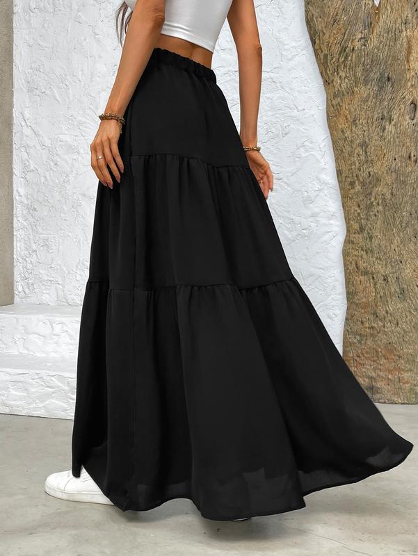 DUNEA Women's Solid High Waist Pleated Skirt, Elegant Black Tiered Maxi Skirt, Ankle Length Shirred Waist, Spring & Fall Skirt, Ladies Bottoms for Daily Wear, Versatile and Chic ,Lady Comfort, Basic Casual Minimalist, Flowy Black Tier Skirt