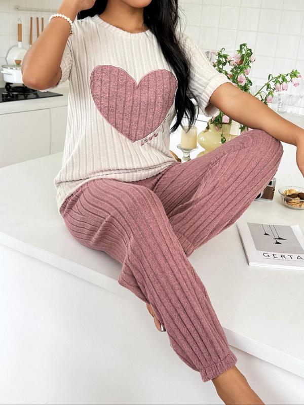 Women's Ribbed Pajama Set, Casual Heart Patchwork Embroidery Sleep Top & Plain Elastic Waist Pj Pants, Loungewear Summer Clothes Women, Lady Shortsleeve Homewear, Lounge Set, Comfort Sleepwear Set for Womenswear