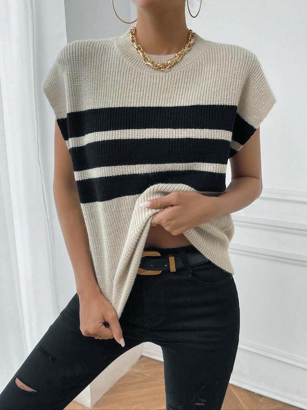 Women's Colorblock Striped Print Round Neck Sweater Vest, Casual Sleeveless Crew Neck Knit Top for Fall & Winter, Fashion Ladies' Knitwear for Daily Wear