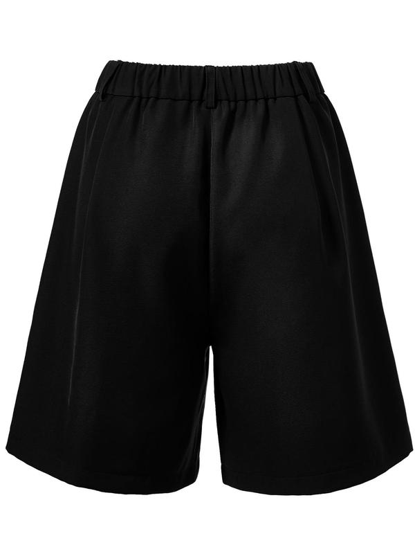 Women's Plain Button Plicated Bermuda Shorts, Casual Elastic Waist Pocket Shorts for Summer, Ladies Bottoms for Daily Wear