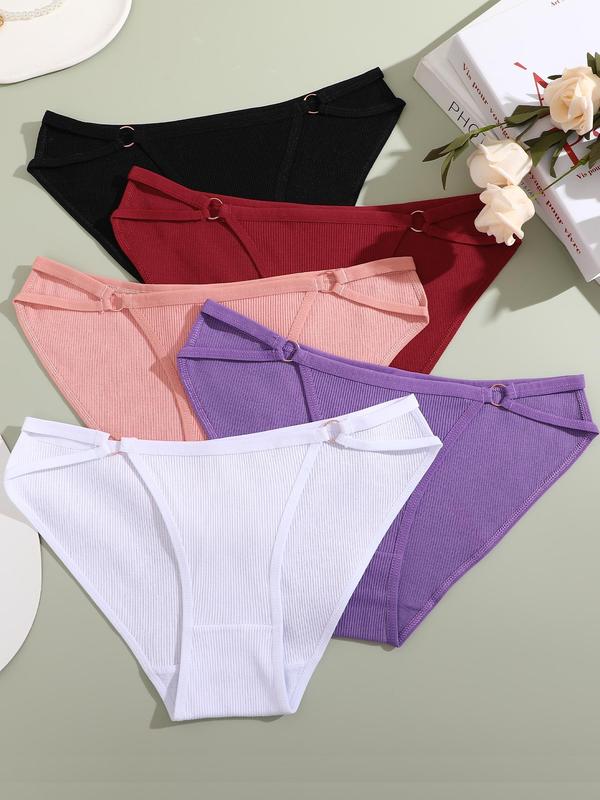 Women's 5pcs Plain O-ring Linked Cut Out Knickers, Casual Soft Comfy Breathable Panties for Daily Wear, Women's Underwear for All Seasons