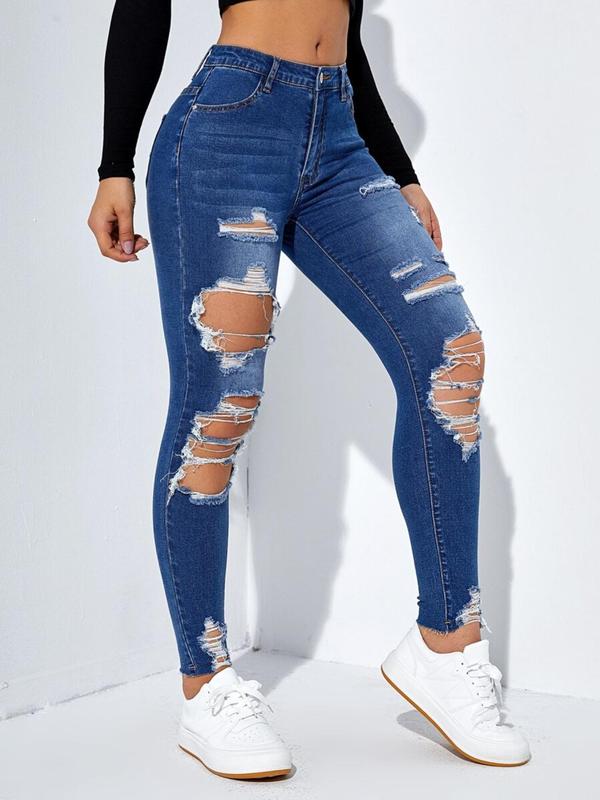  Ripped Button Fly Skinny Jeans, Casual Comfy Pocket Denim Pants for Daily Wear, Women's Bottoms for All Seasons