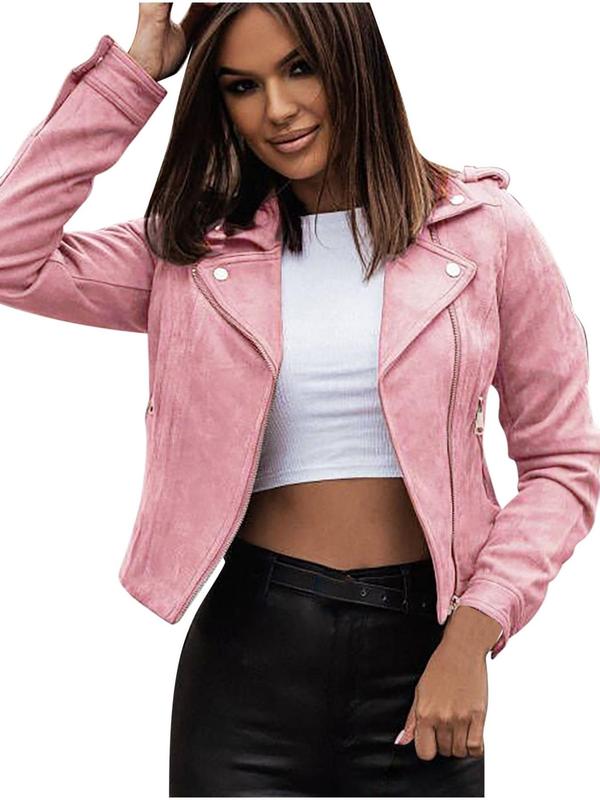 Women's Solid Pocket Zipper Suede Jacket, Casual Long Sleeve Lapel Outerwear for Fall & Winter, Ladies Clothes for Daily Wear