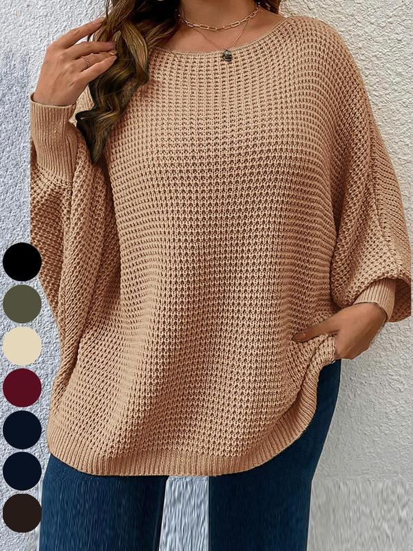  Solid Batwing Sleeve Boat Neck Sweater, Fall Outfits, Casual Long Sleeve Jumper for Fall, Women's Plus Clothing for Daily Wear, Back To School Outfit