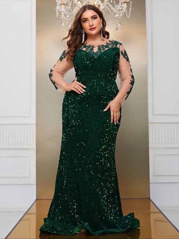 Plus Size Glitter Sequins Embroidery Sheer Contrast Mesh Sleeve Mermaid Evening Dress, Plus Elegant Long Sleeve V Neck Maxi Party Gown, Women's Plus Clothes for Spring & Fall