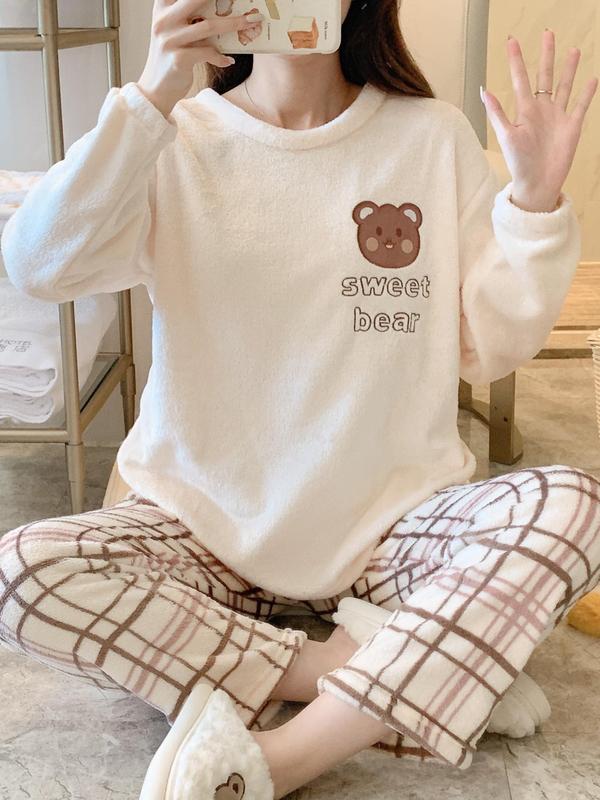 Two-Piece Set Women's Flannel Loungewear Set, Cute Cartoon Bear Embroideried Top & Plaid Print Pants, Kawaii Pyjama Set for Women