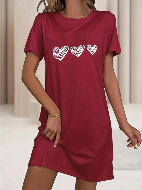 Plus Size Heart Print Round Neck Nightdress, Casual Soft Comfortable Short Sleeve Nightgown for Women, Women's Sleepwear for All Seasons