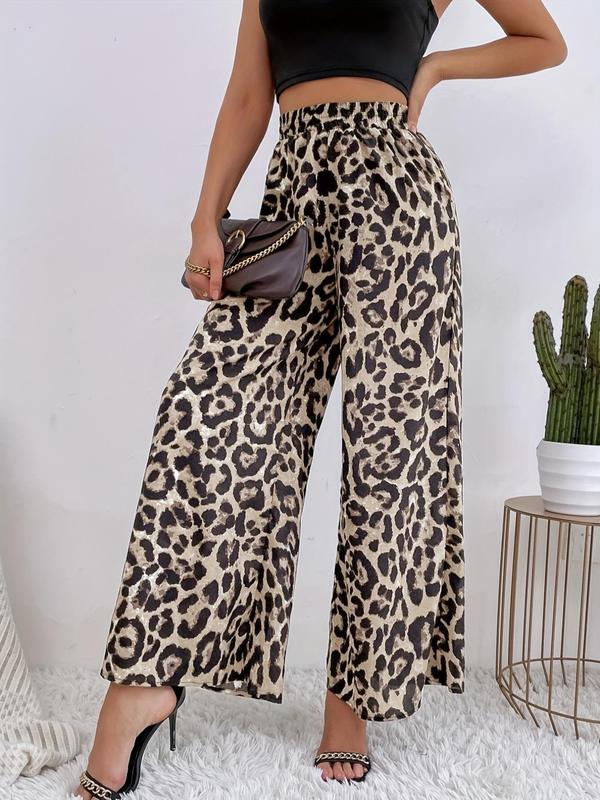 Women's Leopard Print Elastic Waist Wide Leg Pants, Casual High Waist Trousers, Ladies Bottoms for Daily Wear