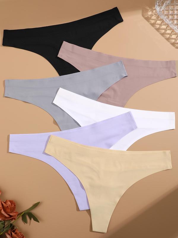 Women's Solid Color Seamless Drop Waist Thongs, Korean Wear, 6pcs Casual Comfy Breathable Panty, Ladies Underwear for All Seasons, Korean Streetwear