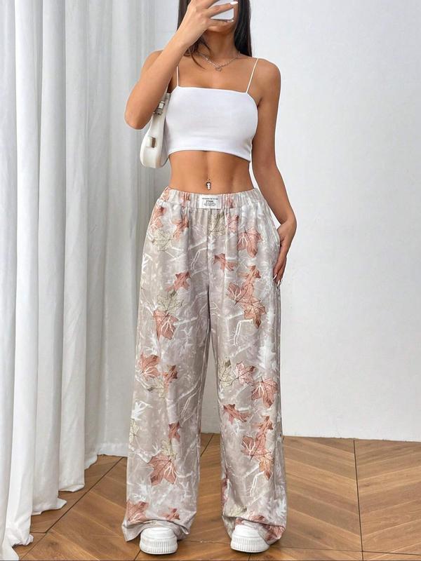 Women's Leaf Print Patched Pocket Wide Leg Pants, Casual Comfy Trousers for Daily Wear, Ladies Bottoms for All Seasons