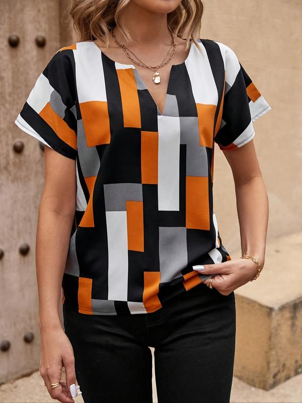 Women's All Over Colorblock Geometric Print Blouse, Casual Notched Neck Short Sleeve Top for Summer, Ladies Clothes for Daily Wear