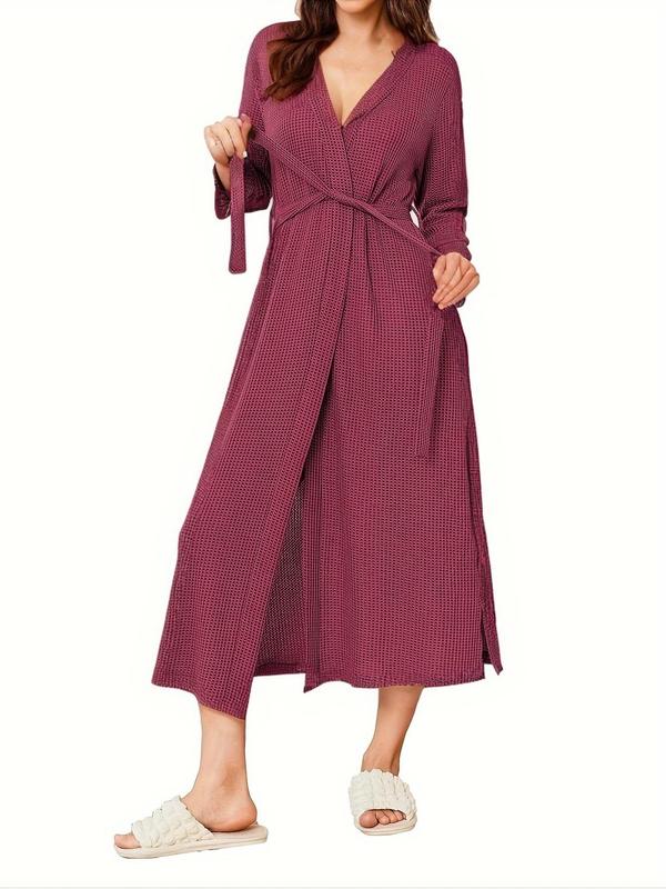 Women's Textured Waffle Knit Belted Split Hem Lounge Robe, Casual Long Sleeve Lounge Robe, Ladies Loungewear for Spring & Fall