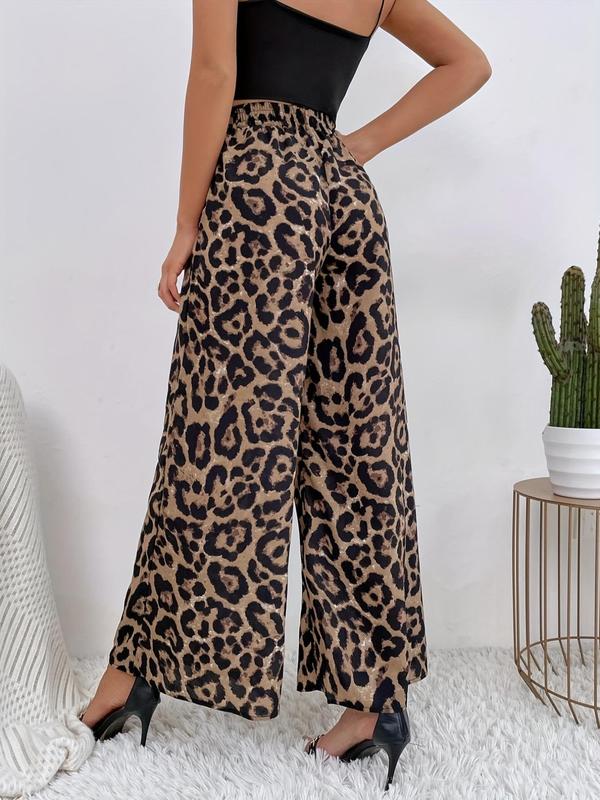 Women's Leopard Print Elastic Waist Wide Leg Pants, Casual High Waist Trousers, Ladies Bottoms for Daily Wear