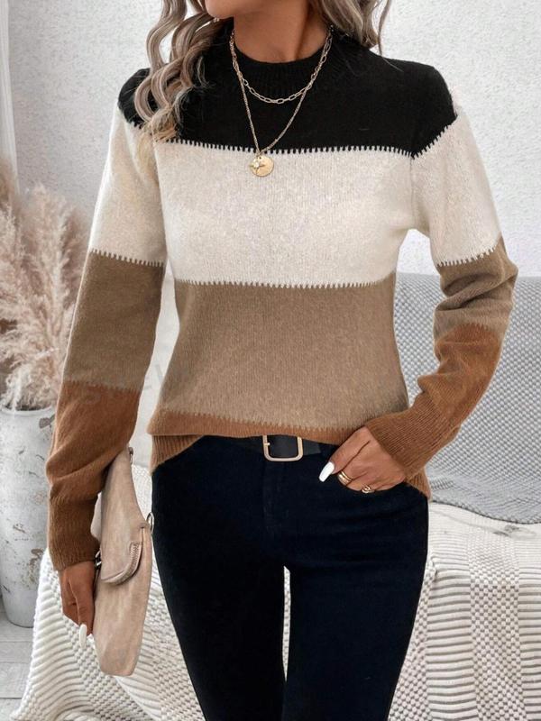 Women's Colorblock Print Mock Neck Sweater, Comfort Going Out Tops, Casual Fashion Long Sleeve Jumper for Fall & Winter, Ladies Knitwear for Daily Wear, Fall Clothes