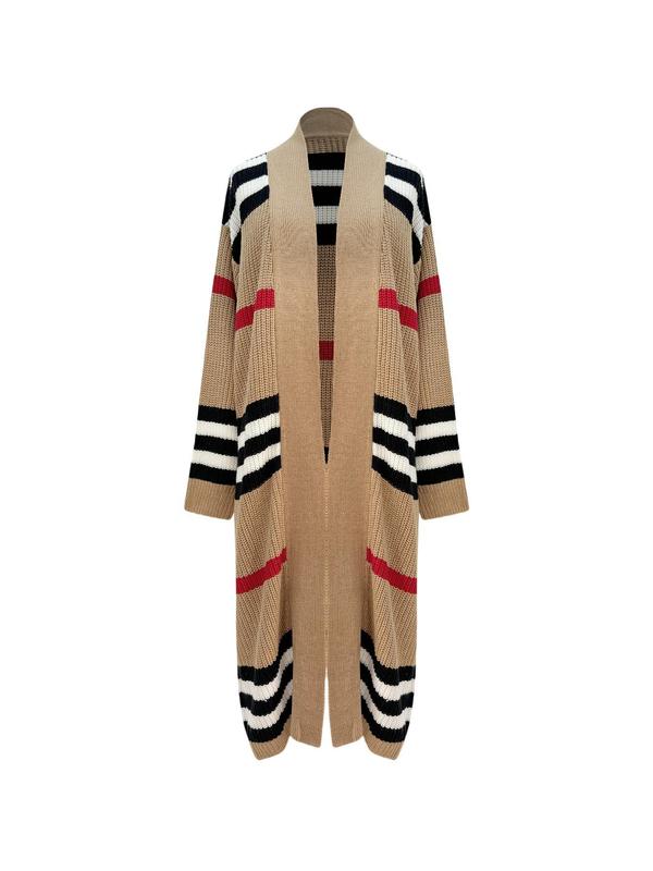  Striped Print Drop Shoulder Long Cardigan, Casual Long Sleeve Open Front Knitwear for Fall & Winter, Gift Set, Women's Plus Clothing for Daily Wear, Fall Outfits, Fallfreshness, Fall Women's Clothing, Fall Sweaters