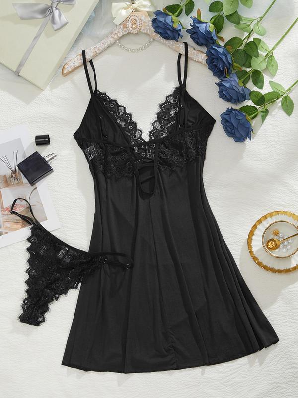  Contrast Lace Cut Out Cami Nightdress & Thong Sleepwear Two-piece Set, Solid Spaghetti Strap Nightgown & Panty, Women's Sleepwear for All Seasons