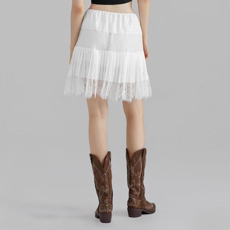 Women Y2k Lace Mini Skirt Low Rise Pleated Ruffle Half Slip Skirt Layered Flowy Short Skirt Streetwear bubble skirt Bottom Fashion