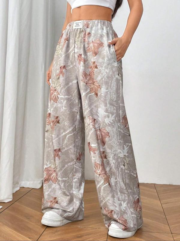 Women's Leaf Print Patched Pocket Wide Leg Pants, Casual Comfy Trousers for Daily Wear, Ladies Bottoms for All Seasons