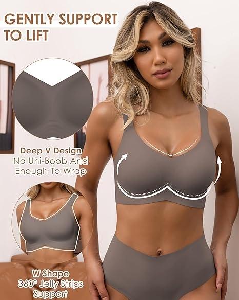 Full Coverage Seamless Wireless Push Up Bra for Women Comfort V Neck Bralettes with Support