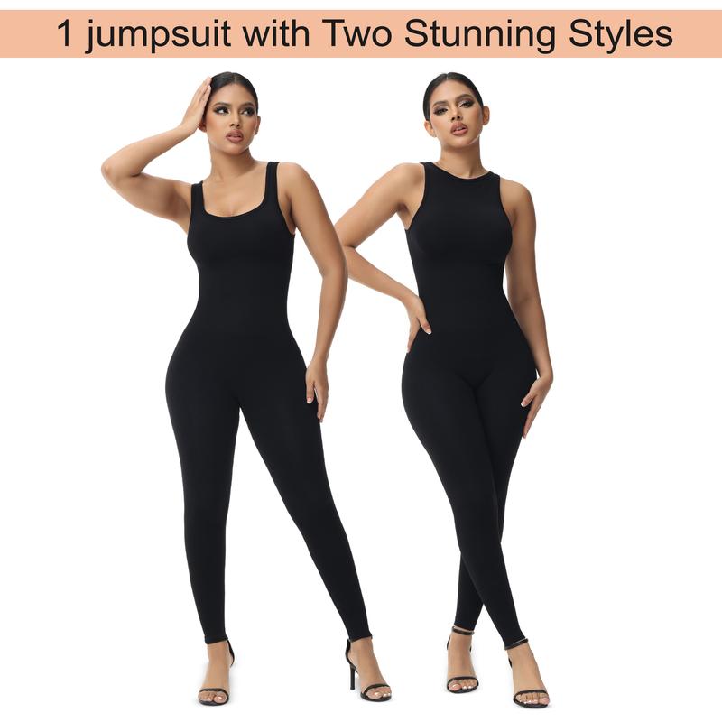 Soo slick Fall Jumpsuit for Women - Reversible Neckline High Neck and Square Neck One Piece Tank Tops Bodycon Sleeveless Jumpsuit Fit Nylon Spandex Womenswear Casual fall fashion clothing