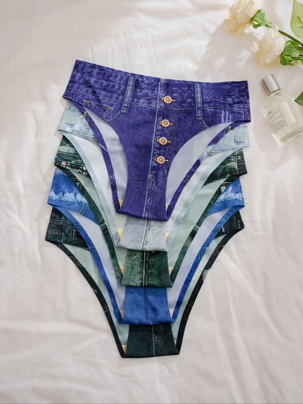 Women's 5pcs Denim-effect Print Knicker, Casual Breathable All Over Print Panty for Daily Wear, Comfy Women Underwear for All Seasons