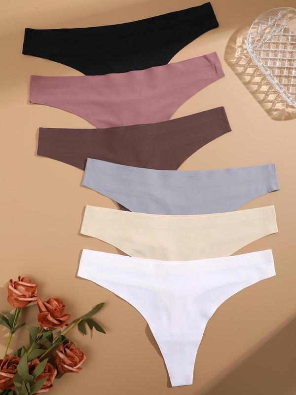 Women's Solid Color Seamless Drop Waist Thongs, Korean Wear, 6pcs Casual Comfy Breathable Panty, Ladies Underwear for All Seasons, Korean Streetwear